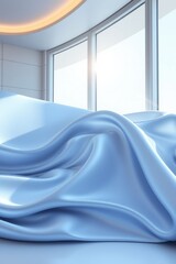 Wall Mural - Soft blue fabric draped in a modern sunlit interior creating a serene and calming atmosphere
