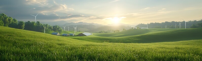 Poster - A serene landscape featuring lush green fields, wind turbines, and a rising sun amidst distant mountains.
