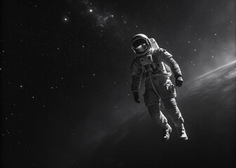 Wall Mural - an astronaut floating in space in black and white photography in blak backgraund