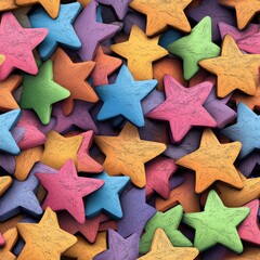 Poster - A Dense Collection of Colorful Wooden Star Shapes in Various Pastel Shades Overlapping and Creating a Textured Pattern of Joyful Design