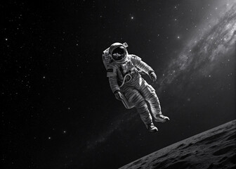 Wall Mural - an astronaut floating in space in black and white photography in blak backgraund