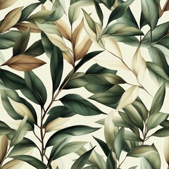 Aufkleber - seamless pattern of stylized botanical illustrations featu lush green leaves in various shades on cr