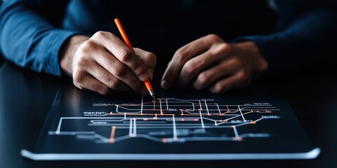 Poster - A transportation engineer's hand drawing detailed schematics for a transportation system, illustrating the complexities of urban design and planning.