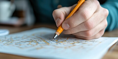 Poster - Close Up of a Hand Drawing Transport Plans on Paper with a Mechanical Pencil for Engineers and Designers Working in Transportation