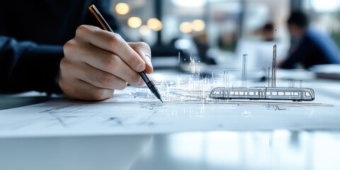 Poster - Close Up of a Transportation Engineer's Hand Sketching a Train Design with Technical Details in a Creative Workspace Environment