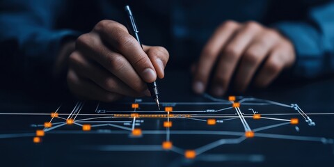 Poster - A close up of an engineer's hand sketching detailed transportation plans with precision on a workspace, showcasing skills and creativity.