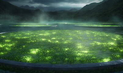 Aufkleber - A serene landscape features glowing patches of green vegetation in water, surrounded by misty mountains under a dramatic sky.