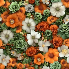Aufkleber - a vibrant, dense repeating pattern featu stylized orange, white, and sage green flowers and succulen