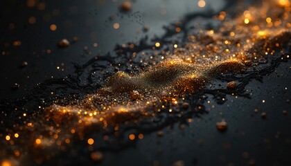 Poster - Black gold background. Glittering sparks, shiny glowing particles abstract luxury design. Elegant modern template for premium awards, banner, wallpaper, art.