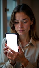Wall Mural - Woman holding a blank mobile phone screen with her hand cupped around it, gazing at it intently, minimalist, gaze, hold