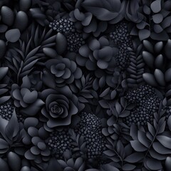 Poster - A seamless pattern of stylish dark gray and black flowers, leaves, and succulents with a three-dimensional paper-like texture for various applications