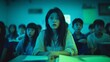 © vivi - Group of anxious students reacting to a tense moment in a dimly lit classroom with blue lighting