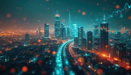 Poster - city skyline at night with financial data charts. economic growth, market trends, business, finance,