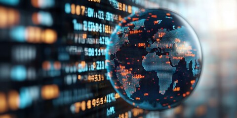 Poster - Global Financial Data Visualization Featuring a Globe Enhanced with Stock Market Ticker Data in a Digital Context