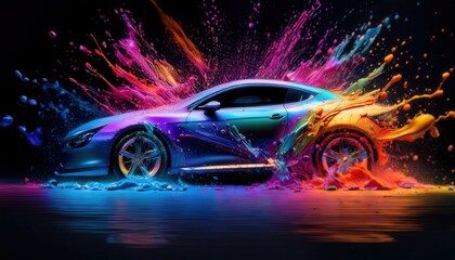 Poster - Vivid Color Splash Art Featuring a Luxury Sports Car