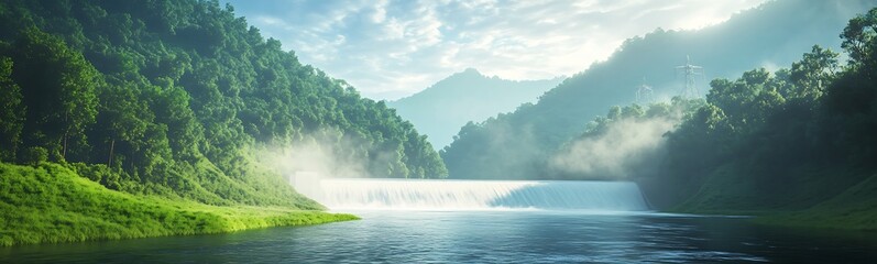 Poster - A tranquil landscape featuring a waterfall cascading into a serene river, surrounded by lush greenery and misty mountains under a bright sky.