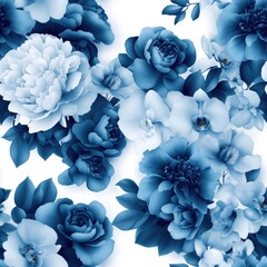 Aufkleber - Seamless Pattern of Vibrant Blue and White Peonies, Roses, Orchids on a Bright White Background for Floral Design and Textile Applications