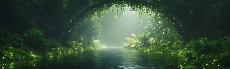 Leinwandbilder - A serene forest scene featuring a misty river surrounded by lush greenery and hanging vines, creating a tranquil and magical atmosphere.