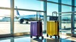 © Khoira Studio - Two suitcases in the airport departure lounge  airplane in the blurred background  summer vacation concept  traveler suitcases in airport terminal waiting area
