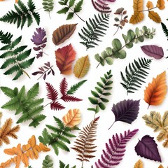 Poster - Seamless Pattern Featu Autumnal Leaves and Ferns in Vibrant Rich Greens, Oranges, Reds, and Purples on a Crisp Clean White Background