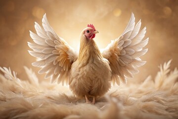 Wall Mural - A Cream-Colored Hen with Majestically Spread Wings, Rests on a Soft Feather Bed, Bathed in Warm Golden Light