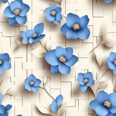 Poster - A repeating pattern of light-blue stylized paper flowers and beige leaves on textured off-white background with subtle lattice design ideal for decor