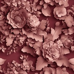 Aufkleber - seamless pattern of intricately detailed three-dimensional blush-pink flowers and leaves on a rich d