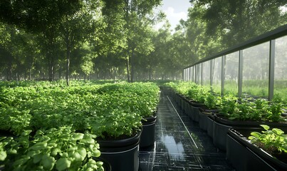 Poster - A serene greenhouse filled with lush green plants, showcasing rows of potted vegetation under bright natural light.