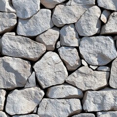 Poster - Close-Up View of an Intricately Built Dry-Stacked Stone Wall with Light Gray and White Irregular Stones Fitted Tightly Against One Another for Texture