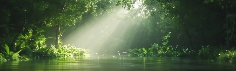 Leinwandbilder - Sunlight filters through a lush green forest, reflecting off a serene water surface, creating a tranquil and vibrant natural scene.