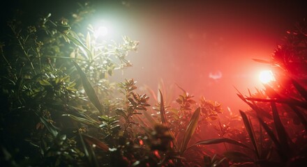 Poster - A blurry image of a forest with two red lights shining on it