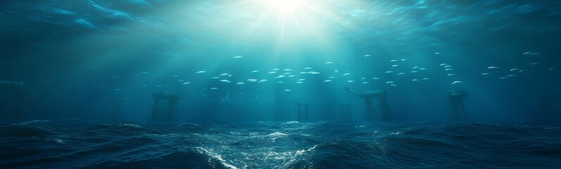 Poster - A serene underwater scene with sunlight filtering through water, showcasing fish and structures in the deep blue ocean.