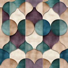 Aufkleber - Seamless overlapping pattern of teal, purple and beige circles and teardrop shapes creating a modern geometric design with depth and texture effect