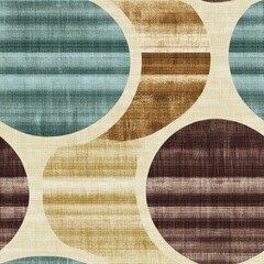 Poster - Seamless textile pattern with overlapping horizontally striped circles in teal brown and beige tones layered over a light beige textured background