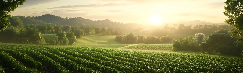 Poster - Serene vineyard landscape bathed in warm sunlight with rolling hills in the background.