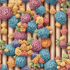 Aufkleber - A vibrant cascade of pastel chrysanthemum-like flowers on a light brown wooden plank backdrop showcasing nature's beauty in a decorative design format