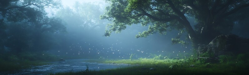 Poster - Misty forest scene with a tranquil river and lush greenery.