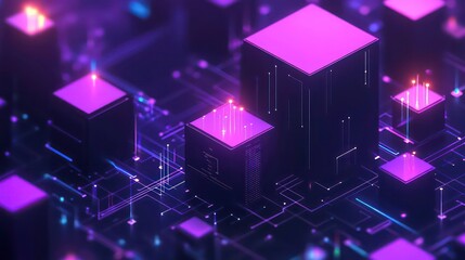 Poster - Abstract digital city, futuristic cityscape, glowing blocks, technology, background graphic