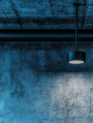 Poster - Modern Industrial Pendant Light Against Dark Textured Wall in Blue Tones and Shadows