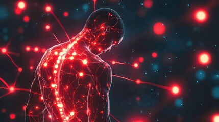 Poster - Representation of general body pain with multiple glowing red areas and radiating lines, indicating widespread discomfort