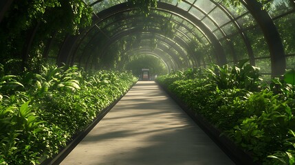 Poster - Lush green pathway through a glass-enclosed botanical garden.