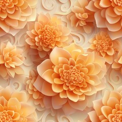 Aufkleber - Close-Up View of Seamless Pattern Featu Large Stylized Light Orange Dahlia-Like Flowers with Sculpted Appearance on Subtle Background Texture