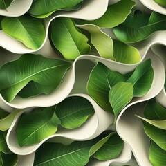 Aufkleber - Close-Up of Vibrant Green Leaves Surrounded by Undulating Off-White Ribbon-Like Forms Creating an Abstract Nature-Inspired Pattern and Design