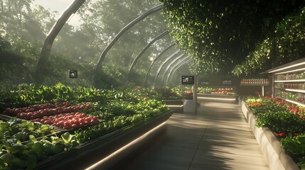 Poster - Lush greenhouse interior with vibrant plants and natural light streaming through curved glass.