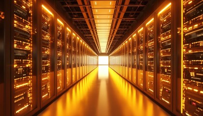 Poster - Data center hallway with rows of servers. Modern tech, network infrastructure, cloud computing, data storage. Digital information, communication technology. Cyberspace, data processing. Innovation,