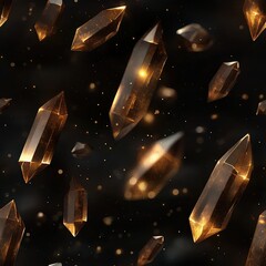 Aufkleber - Seamless Pattern of Dark Amber Crystalline Pointed Formations Floating Against a Dark Background with Tiny Lights Sparkling in the Distance
