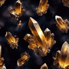 Aufkleber - A Stunning Repeating Pattern of Luminous Amber Crystals Floating Elegantly Against a Dark Nebula-Like Backdrop Ideal for Abstract Art and Designs