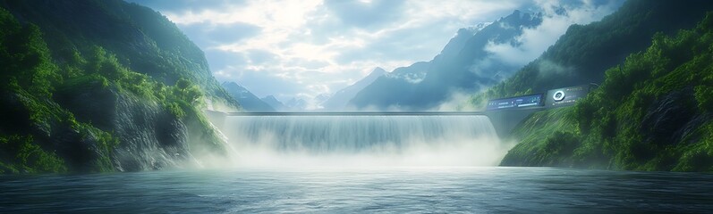 Poster - A serene landscape featuring a majestic dam surrounded by mountains and a reflective water surface.