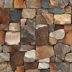 Poster - Close-up view of a textured stone wall with irregular multicolored stones in brown tan and gray shades arranged in a unique grid-like pattern design