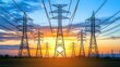 © yong - A row of tall electricity transmission towers silhouetted against a vibrant sunset with orange and blue skies, power lines stretching across, grassy landscape in the foreground